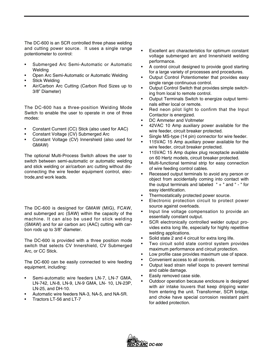 Operation, General description, Recommended processes and equipment | Design features and advantages | Lincoln Electric IM657 RED-D-ARC DC-600 User Manual | Page 16 / 52