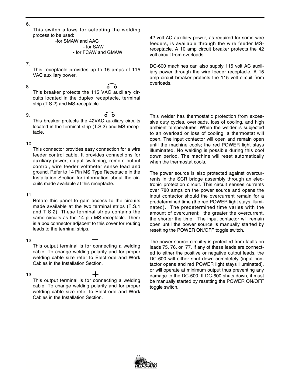 Operation, Auxiliary power in ms-receptacle, Overload, overcurrent, and fault protection | Lincoln Electric IM657 RED-D-ARC DC-600 User Manual | Page 20 / 52