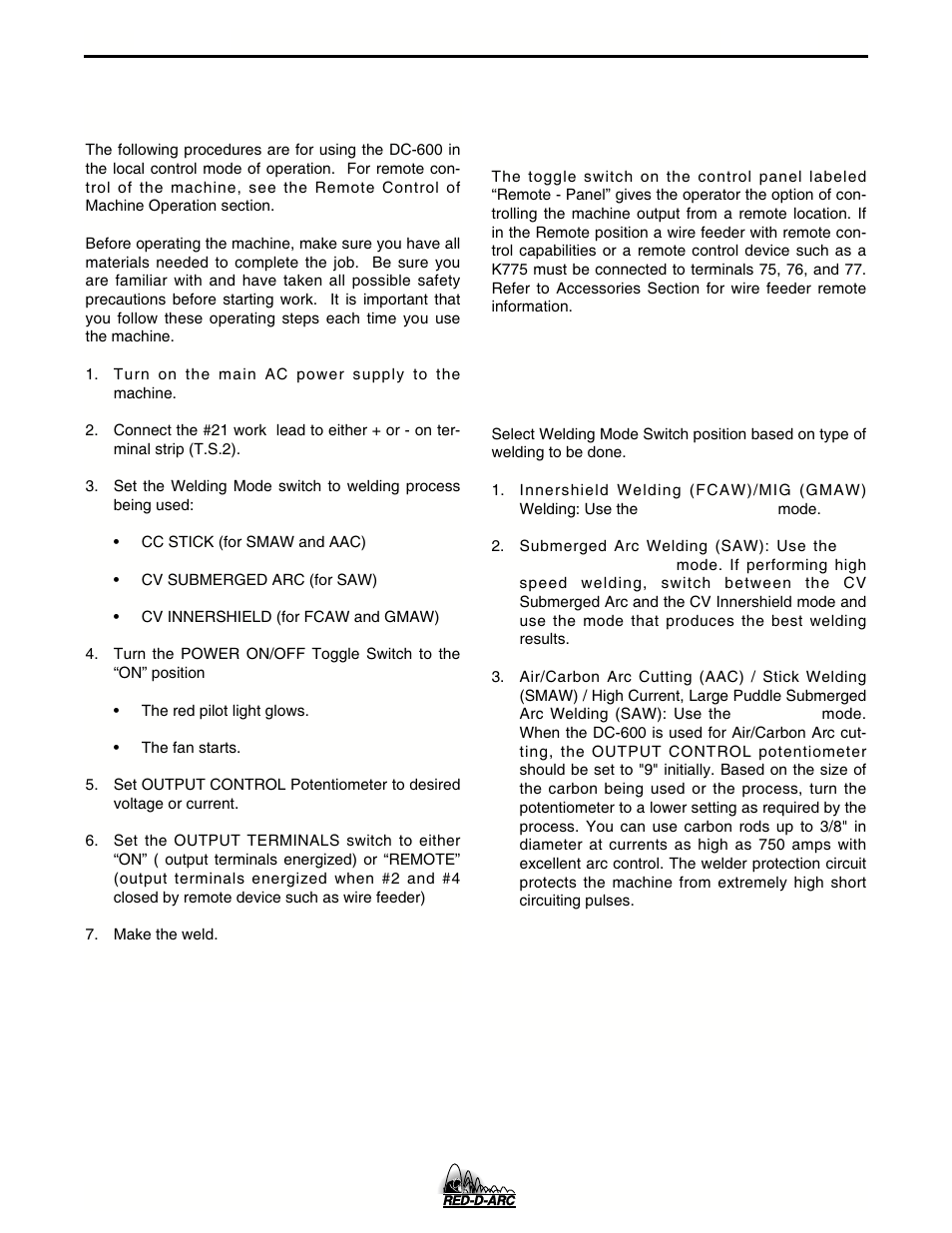 Operation, Operating steps, Remote control of machine operation | Welding procedure recommendations | Lincoln Electric IM657 RED-D-ARC DC-600 User Manual | Page 21 / 52