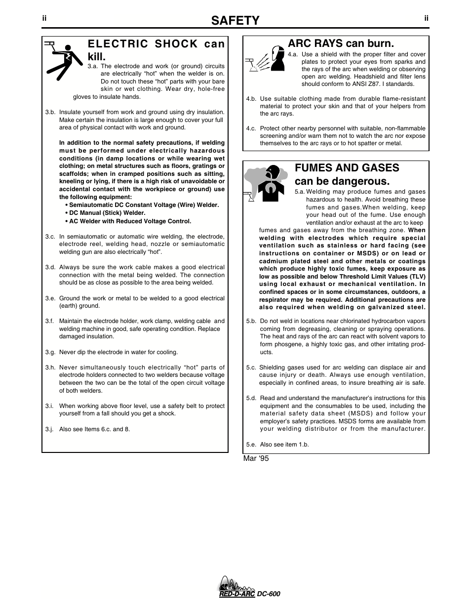 Safety, Arc rays can burn, Electric shock can kill | Fumes and gases can be dangerous | Lincoln Electric IM657 RED-D-ARC DC-600 User Manual | Page 3 / 52