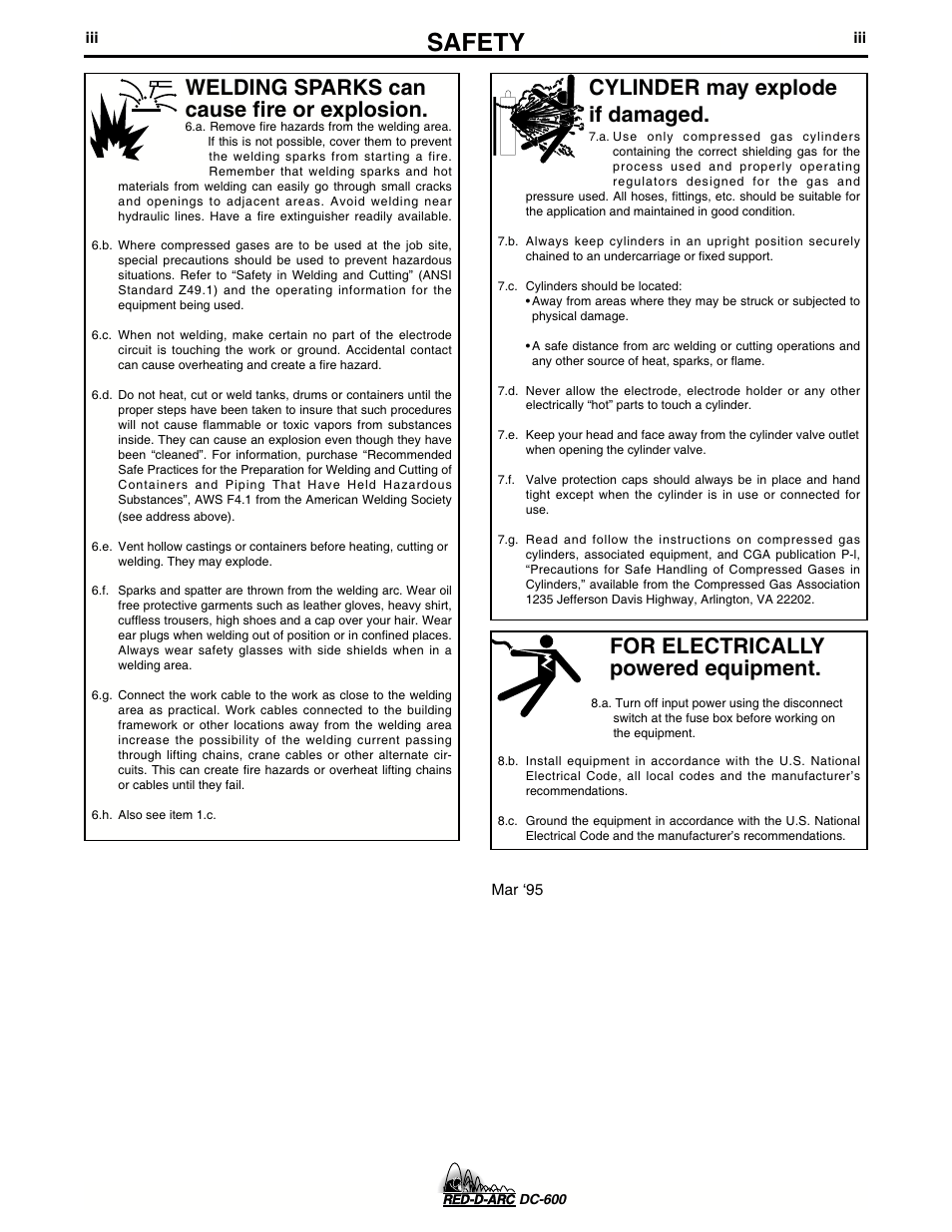 Safety, For electrically powered equipment, Cylinder may explode if damaged | Welding sparks can cause fire or explosion | Lincoln Electric IM657 RED-D-ARC DC-600 User Manual | Page 4 / 52