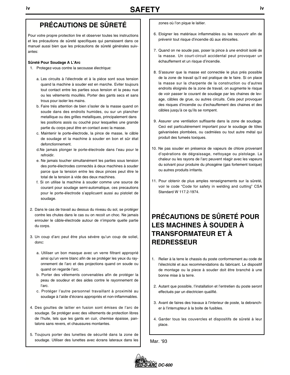 Safety, Précautions de sûreté | Lincoln Electric IM657 RED-D-ARC DC-600 User Manual | Page 5 / 52