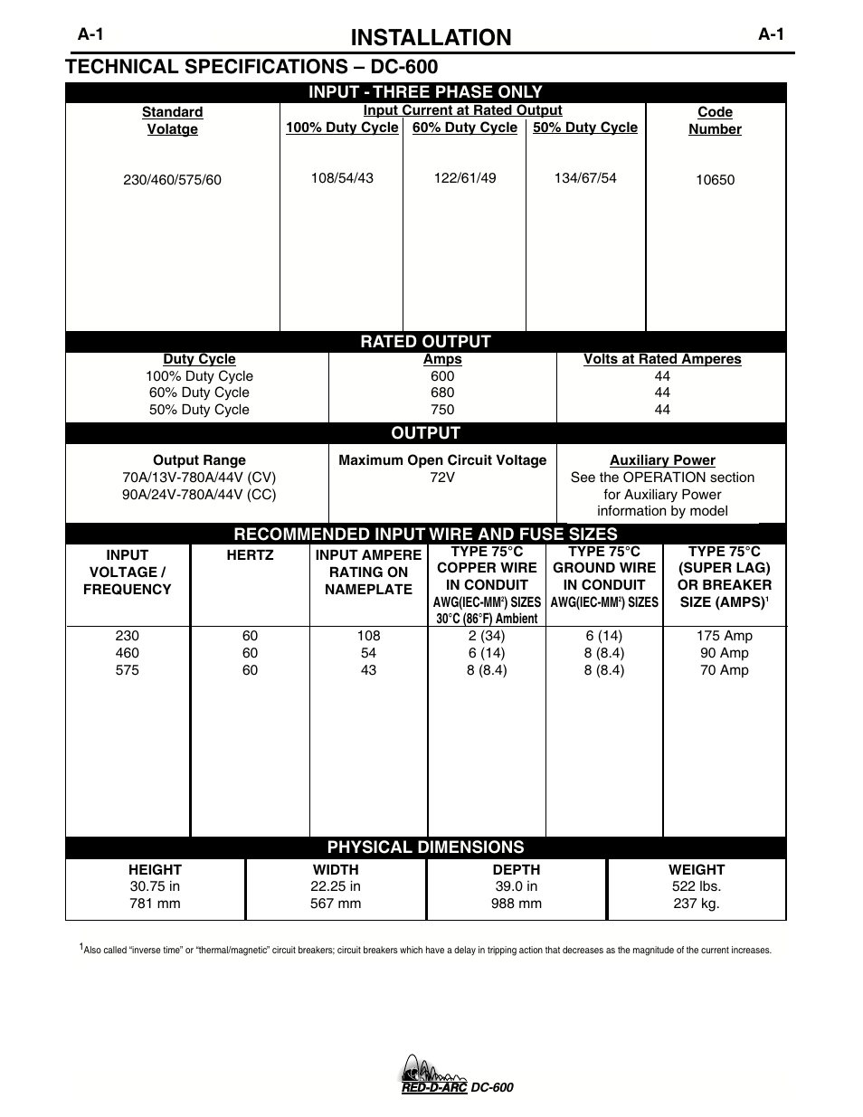 Installation, Technical specifications – dc-600 | Lincoln Electric IM657 RED-D-ARC DC-600 User Manual | Page 9 / 52