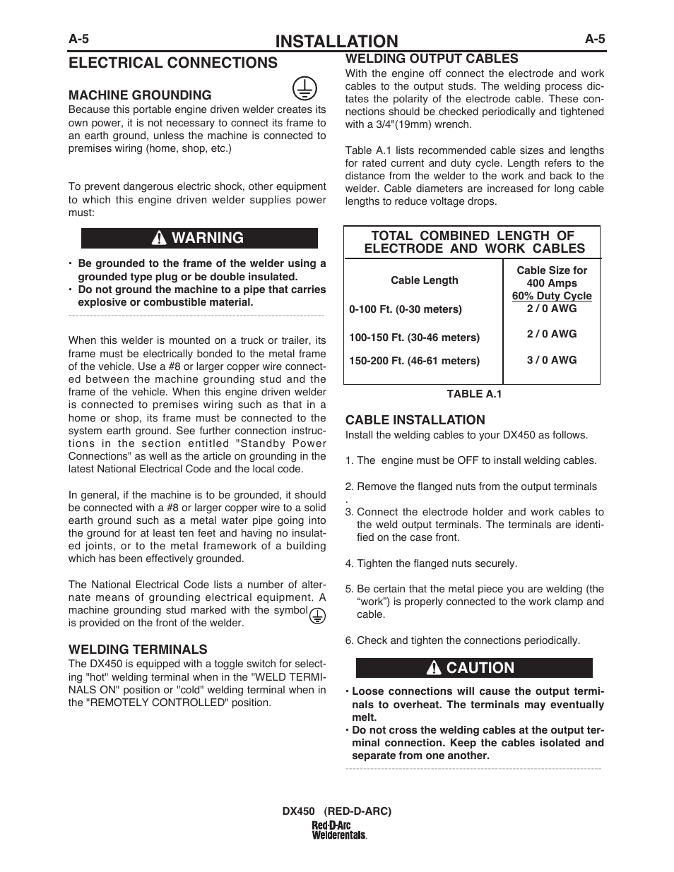 Installation, Electrical connections, Warning | Caution | Lincoln Electric IM962 RED-D-ARC DX450 User Manual | Page 13 / 49