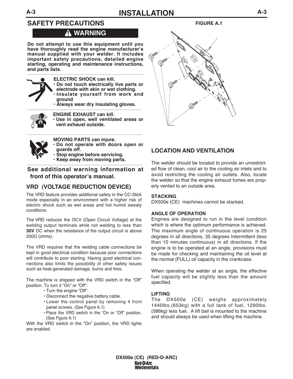 Installation, Safety precautions, Warning | Lincoln Electric IM982 RED-D-ARC DX500e (CE) User Manual | Page 14 / 49