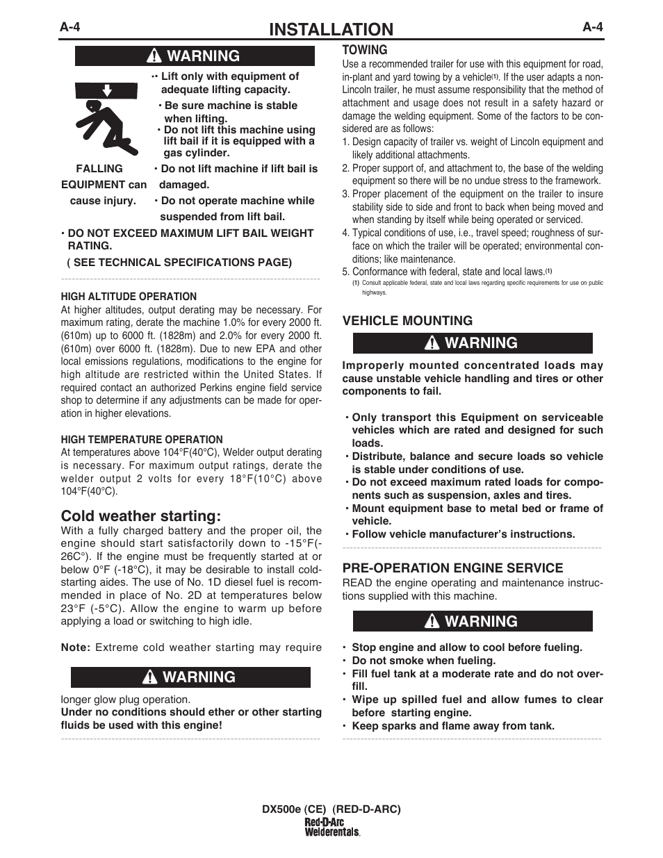 Installation, Cold weather starting, Warning | Lincoln Electric IM982 RED-D-ARC DX500e (CE) User Manual | Page 15 / 49