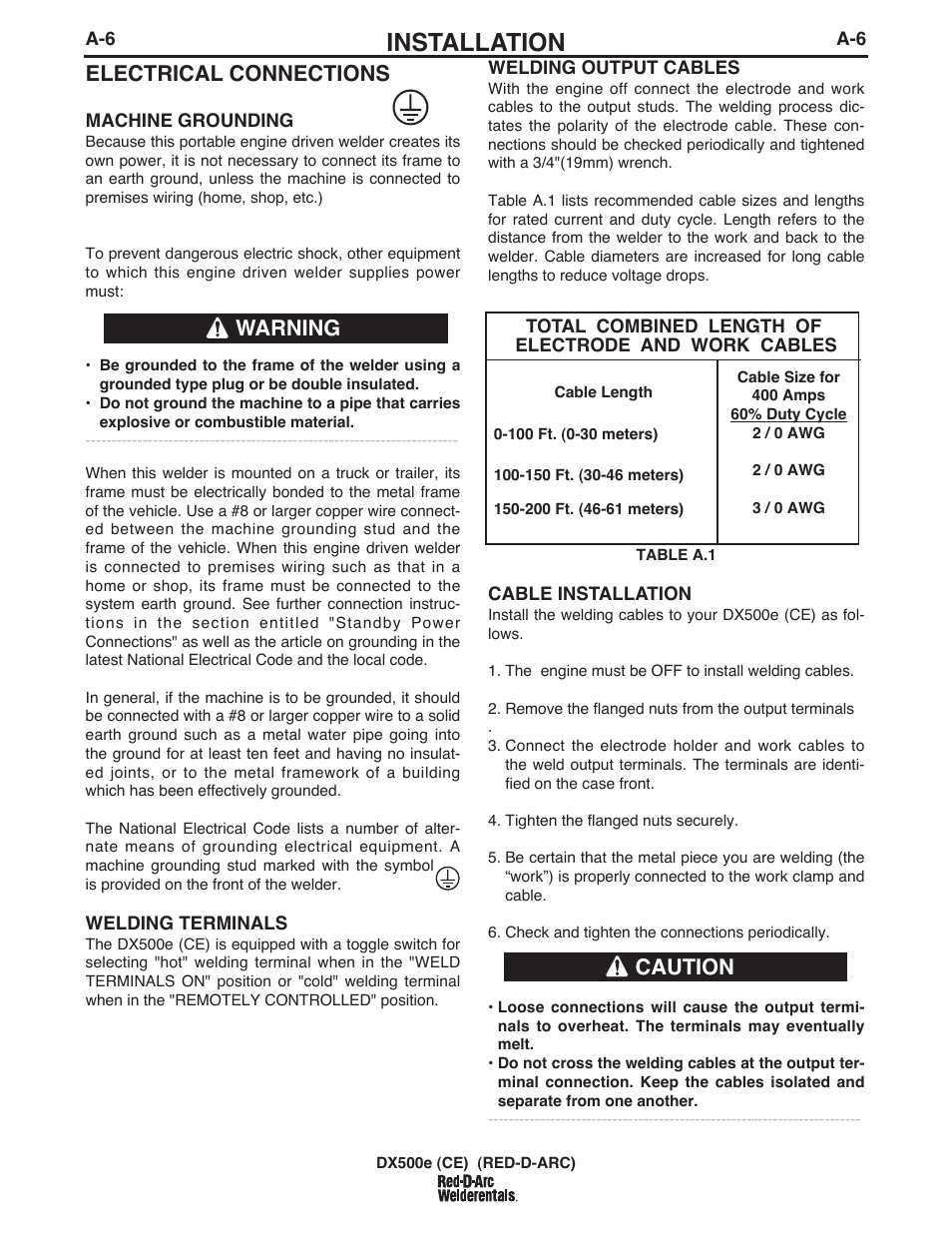 Installation, Electrical connections, Warning | Caution | Lincoln Electric IM982 RED-D-ARC DX500e (CE) User Manual | Page 17 / 49