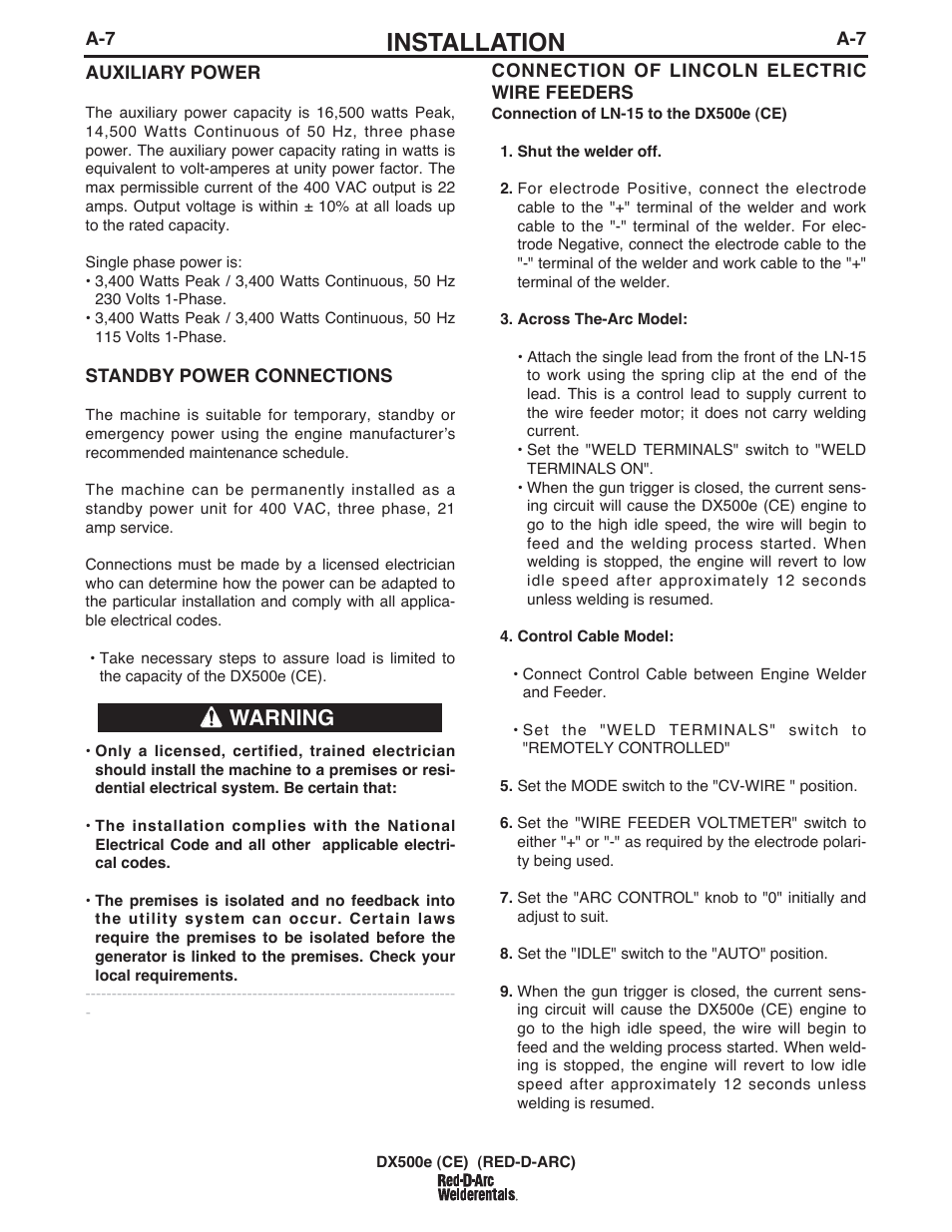 Installation, Warning | Lincoln Electric IM982 RED-D-ARC DX500e (CE) User Manual | Page 18 / 49