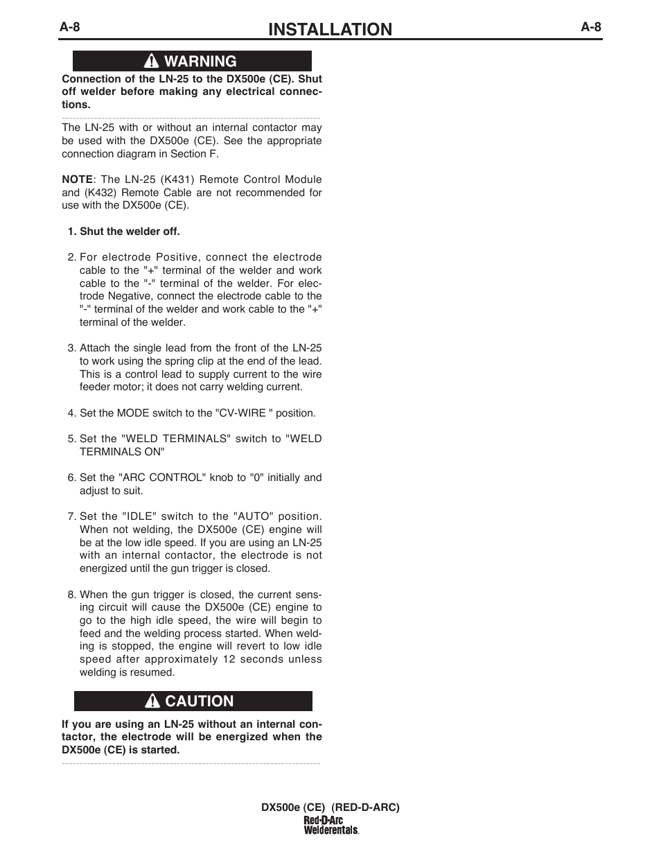 Installation, Warning caution | Lincoln Electric IM982 RED-D-ARC DX500e (CE) User Manual | Page 19 / 49