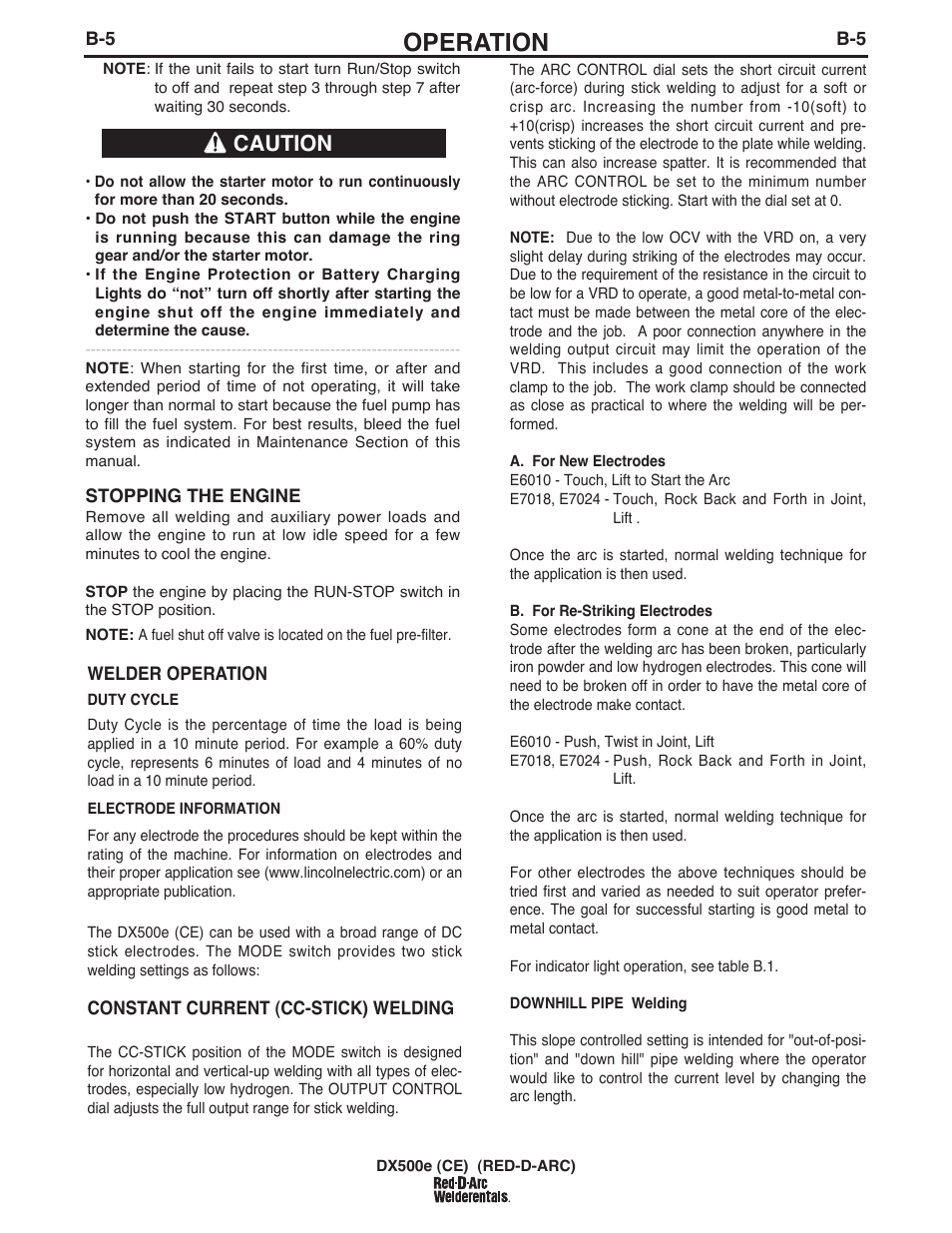 Operation, Caution | Lincoln Electric IM982 RED-D-ARC DX500e (CE) User Manual | Page 24 / 49