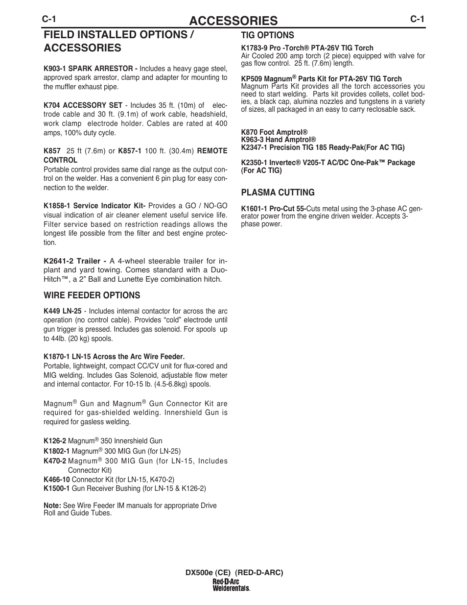 Accessories, Field installed options / accessories | Lincoln Electric IM982 RED-D-ARC DX500e (CE) User Manual | Page 27 / 49