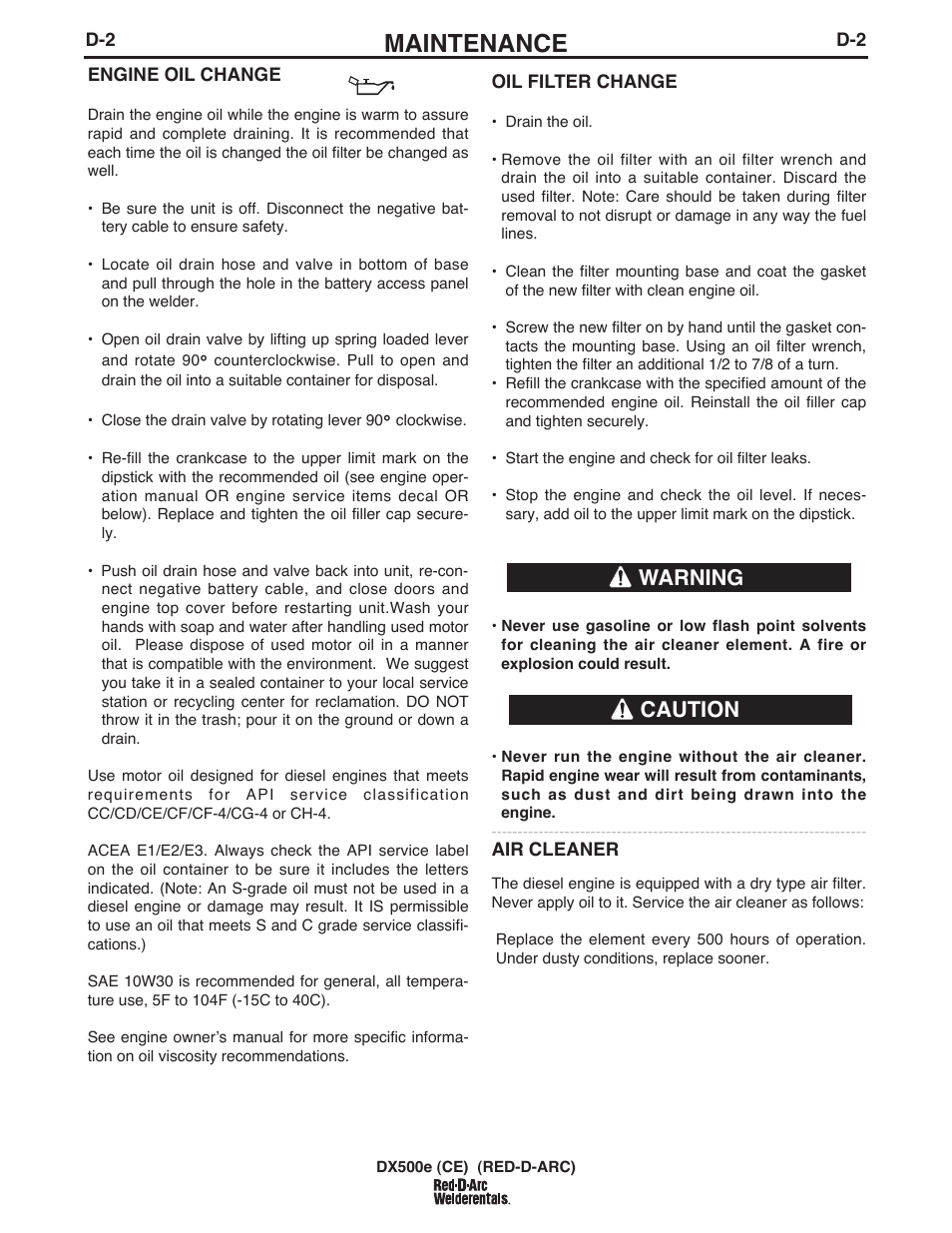 Maintenance, Caution warning | Lincoln Electric IM982 RED-D-ARC DX500e (CE) User Manual | Page 29 / 49