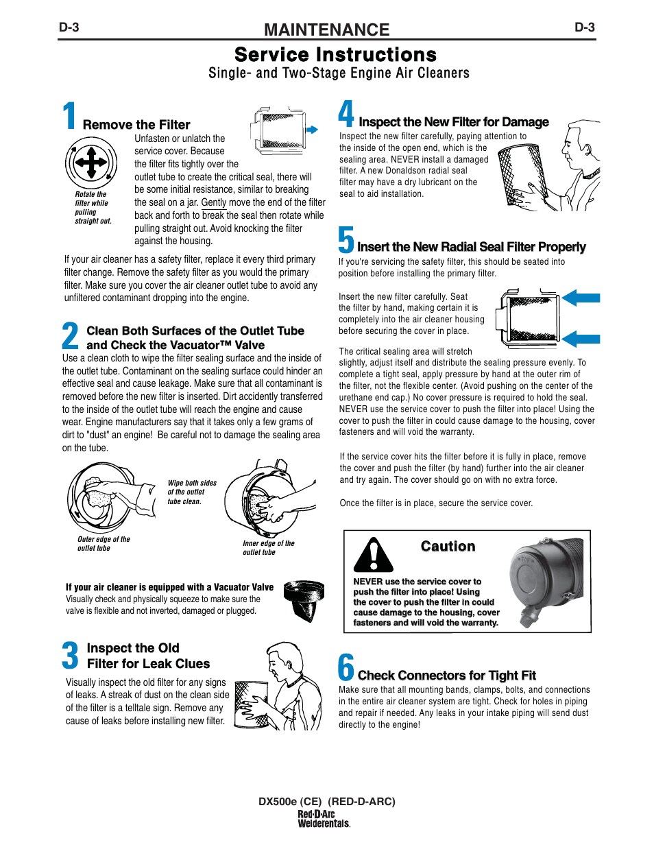 Service instructions, Maintenance, Caution | Single- and two-stage engine air cleaners | Lincoln Electric IM982 RED-D-ARC DX500e (CE) User Manual | Page 30 / 49