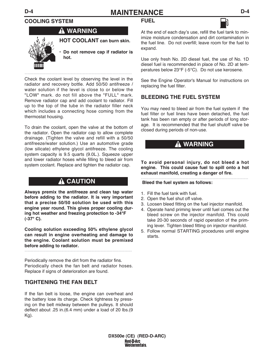 Maintenance, Warning caution warning | Lincoln Electric IM982 RED-D-ARC DX500e (CE) User Manual | Page 31 / 49