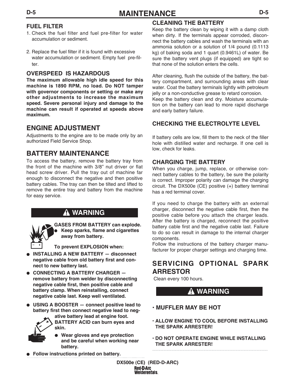 Maintenance, Engine adjustment, Battery maintenance | Servicing optional spark arrestor, Warning | Lincoln Electric IM982 RED-D-ARC DX500e (CE) User Manual | Page 32 / 49