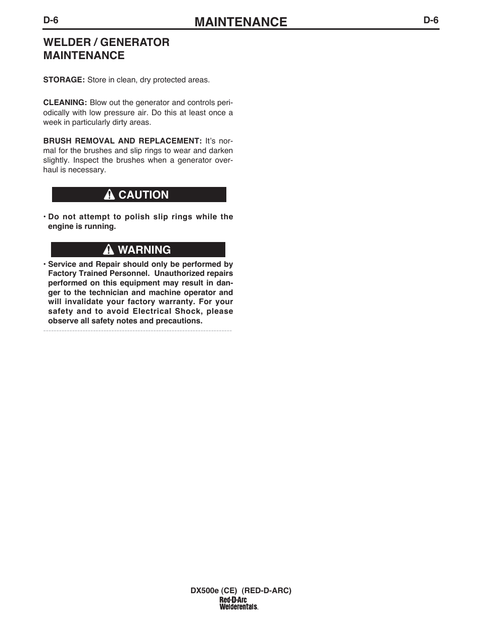 Maintenance, Welder / generator maintenance, Warning caution | Lincoln Electric IM982 RED-D-ARC DX500e (CE) User Manual | Page 33 / 49