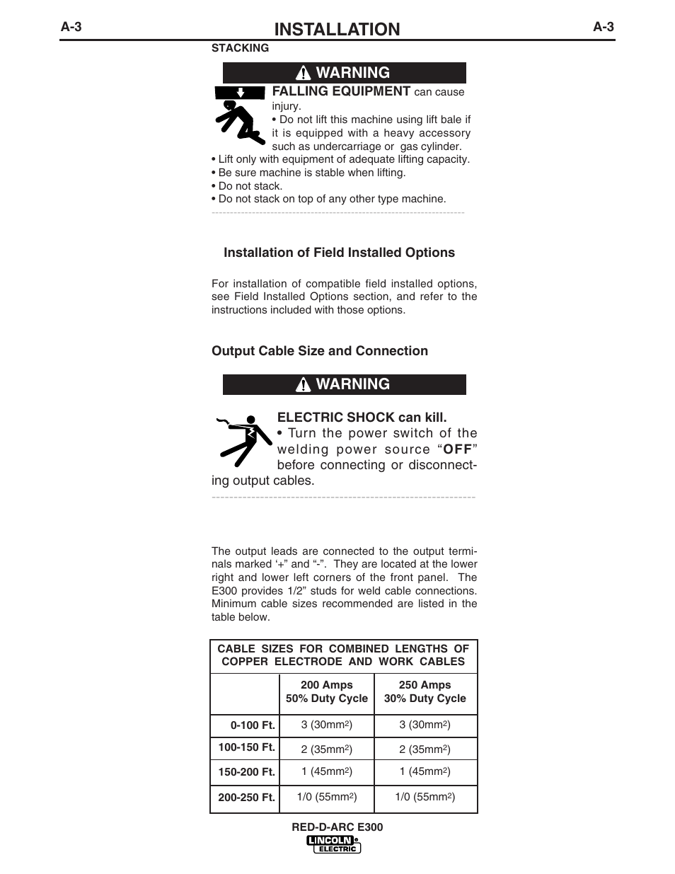 Installation, Warning | Lincoln Electric IM675 RED-D-ARC E300 User Manual | Page 10 / 24