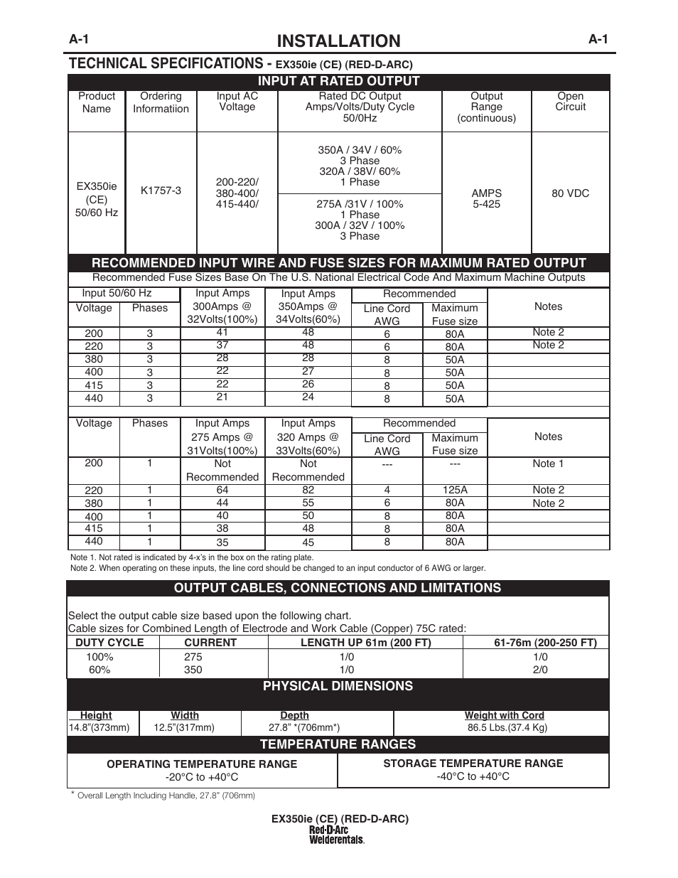 Installation, Technical specifications | Lincoln Electric IM980 RED-D-ARC EX350ie (CE) User Manual | Page 10 / 36