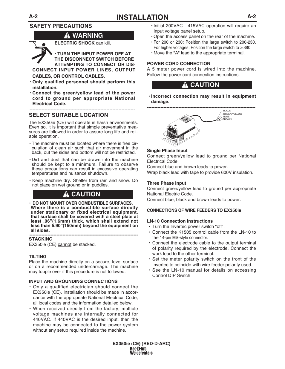 Installation, Warning, Caution | A-2 select suitable location, Safety precautions | Lincoln Electric IM980 RED-D-ARC EX350ie (CE) User Manual | Page 11 / 36