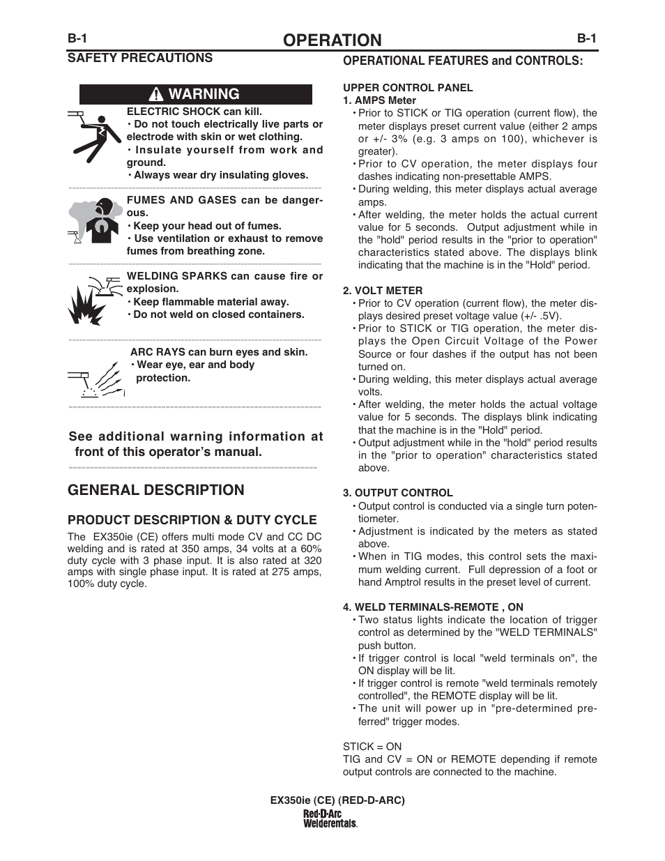 Operation, Warning general description | Lincoln Electric IM980 RED-D-ARC EX350ie (CE) User Manual | Page 14 / 36