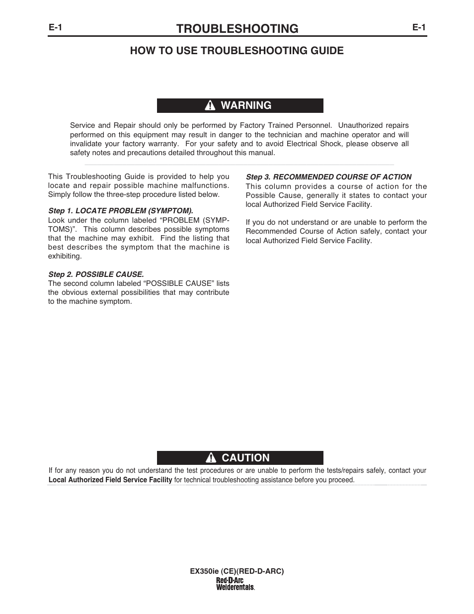 Troubleshooting, Caution, How to use troubleshooting guide | Warning | Lincoln Electric IM980 RED-D-ARC EX350ie (CE) User Manual | Page 20 / 36