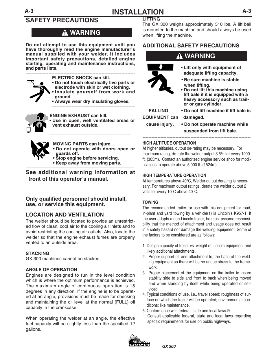 Installation, Safety precautions, Warning | Lincoln Electric IM930 RED-D-ARC GX300 User Manual | Page 11 / 45