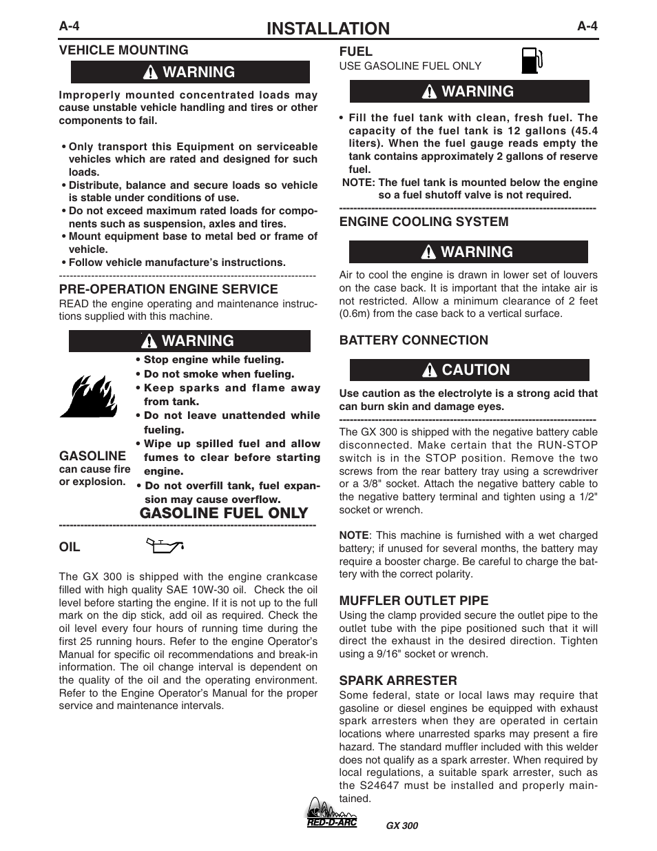 Installation, Warning, Warning caution | Gasoline fuel only | Lincoln Electric IM930 RED-D-ARC GX300 User Manual | Page 12 / 45