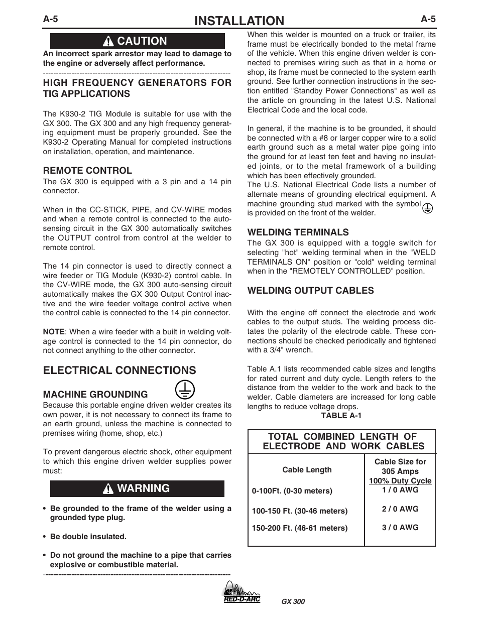 Installation, Electrical connections, Warning caution | Lincoln Electric IM930 RED-D-ARC GX300 User Manual | Page 13 / 45