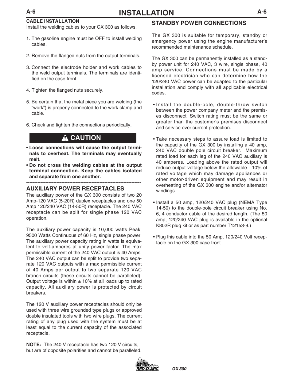 Installation, Caution | Lincoln Electric IM930 RED-D-ARC GX300 User Manual | Page 14 / 45