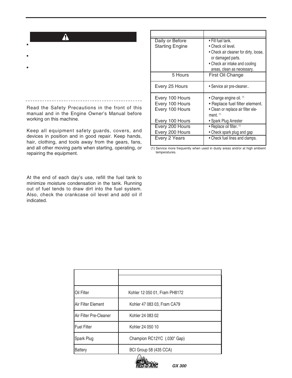 Maintenance, Kohler engine, Safety precautions | Engine maintenance components warning | Lincoln Electric IM930 RED-D-ARC GX300 User Manual | Page 24 / 45