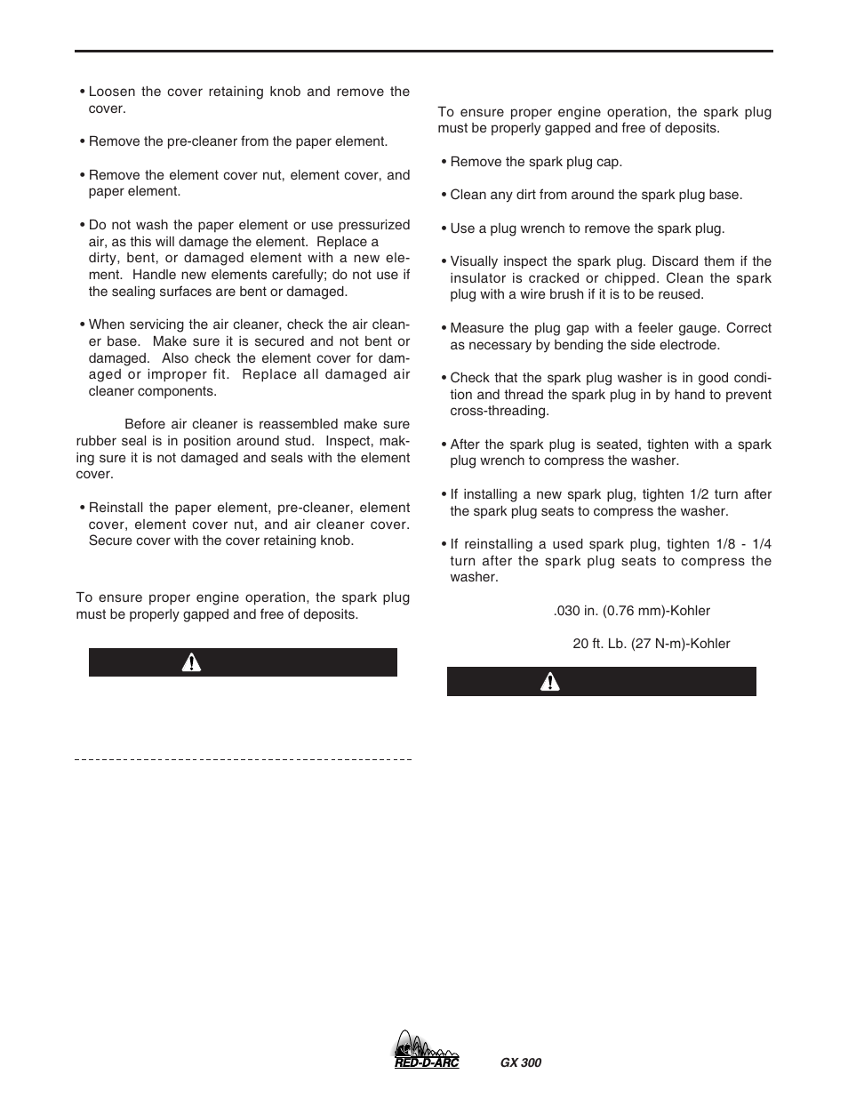 Maintenance, Spark plug, Warning caution | Lincoln Electric IM930 RED-D-ARC GX300 User Manual | Page 26 / 45