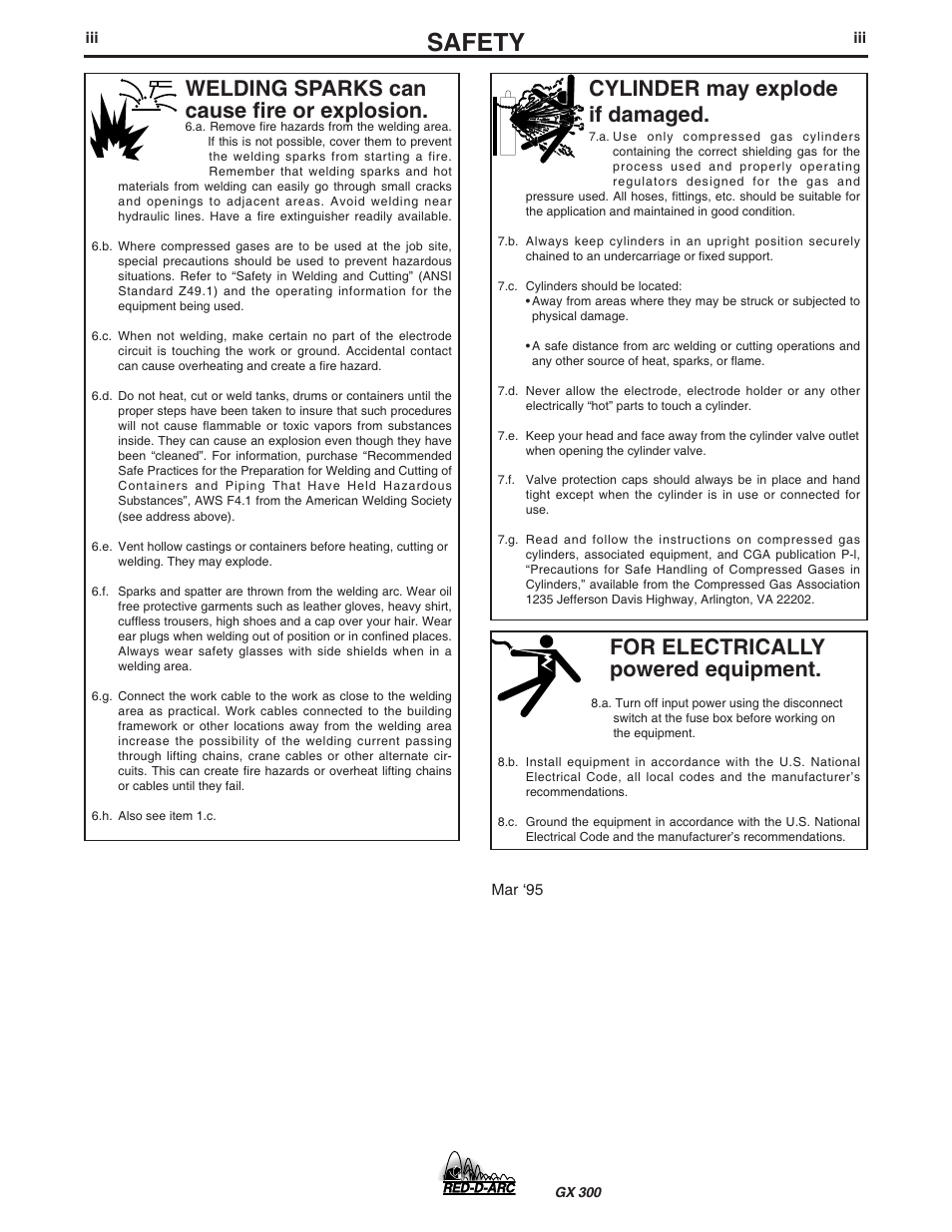 Safety, For electrically powered equipment, Cylinder may explode if damaged | Welding sparks can cause fire or explosion | Lincoln Electric IM930 RED-D-ARC GX300 User Manual | Page 4 / 45