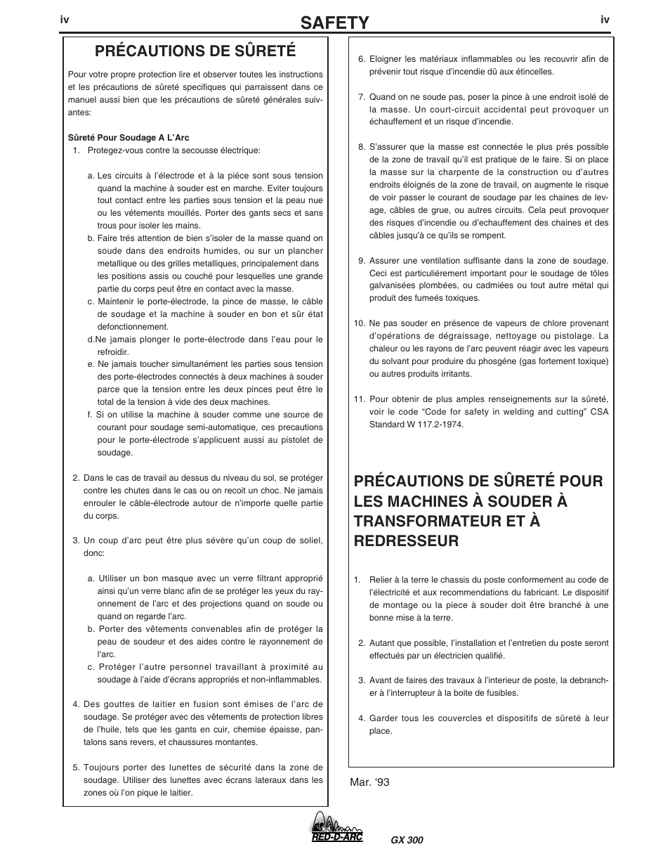 Safety, Précautions de sûreté | Lincoln Electric IM930 RED-D-ARC GX300 User Manual | Page 5 / 45