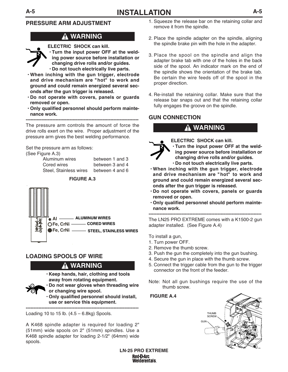 Installation, Warning | Lincoln Electric IM939 RED-D-ARC LN-25 PRO EXTREME User Manual | Page 12 / 42