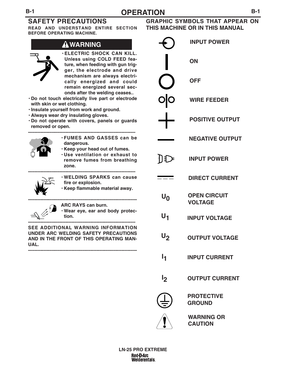 Operation, Warning safety precautions | Lincoln Electric IM939 RED-D-ARC LN-25 PRO EXTREME User Manual | Page 16 / 42