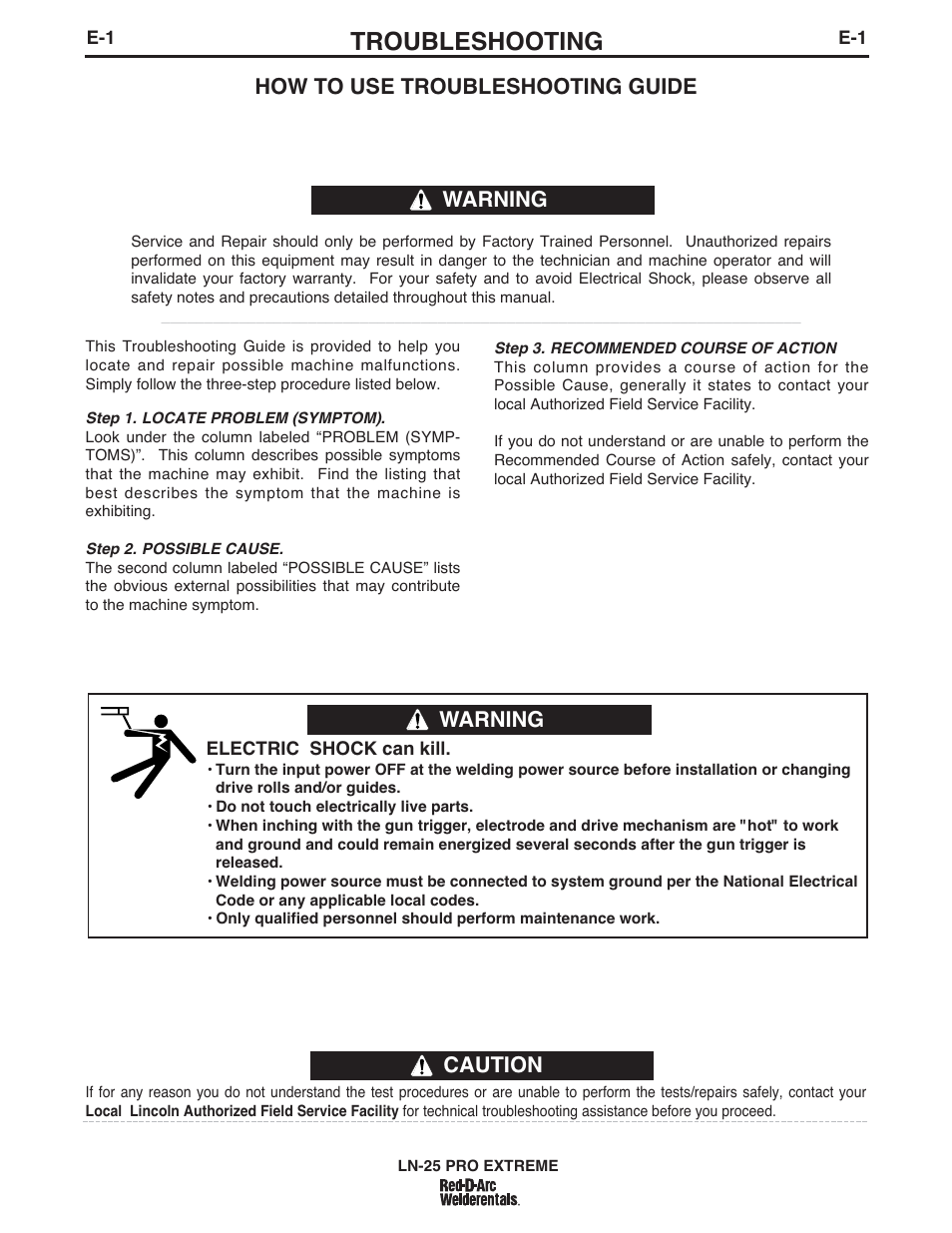 Troubleshooting, Caution, How to use troubleshooting guide | Warning | Lincoln Electric IM939 RED-D-ARC LN-25 PRO EXTREME User Manual | Page 31 / 42