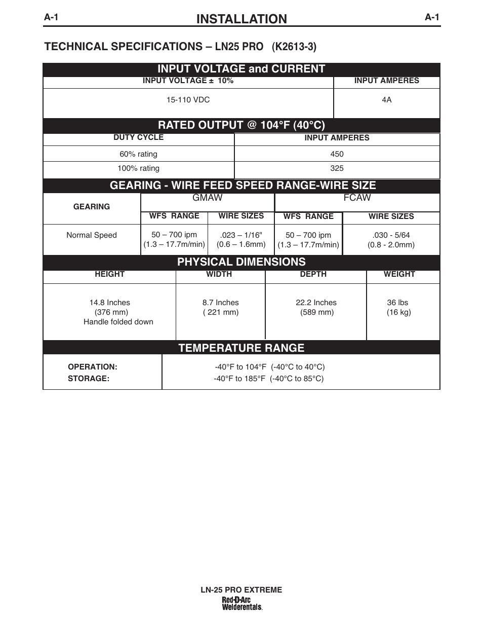 Installation, Temperature range, Physical dimensions | Gearing - wire feed speed range-wire size | Lincoln Electric IM939 RED-D-ARC LN-25 PRO EXTREME User Manual | Page 8 / 42