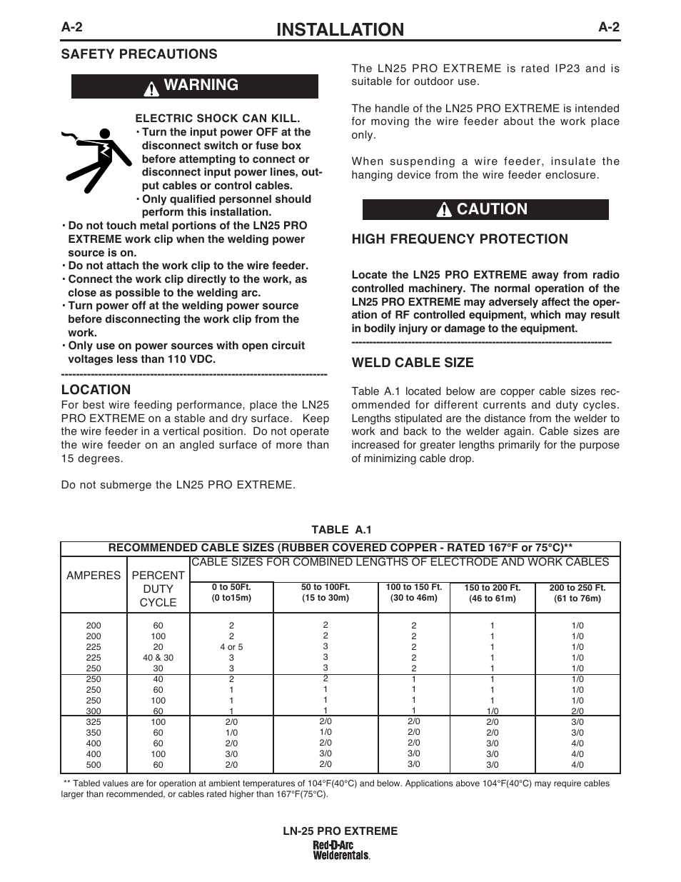 Installation, Warning caution, Weld cable size | A-2 safety precautions, Location, High frequency protection | Lincoln Electric IM939 RED-D-ARC LN-25 PRO EXTREME User Manual | Page 9 / 42