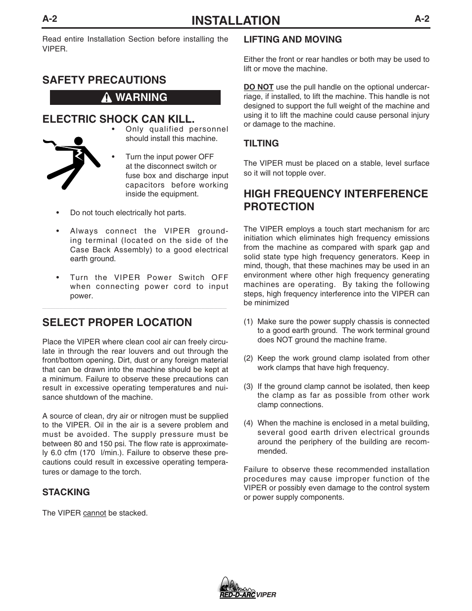 Installation, Safety precautions electric shock can kill, Select proper location | High frequency interference protection, Warning | Lincoln Electric IM639 RED-D-ARC VIPER User Manual | Page 10 / 38