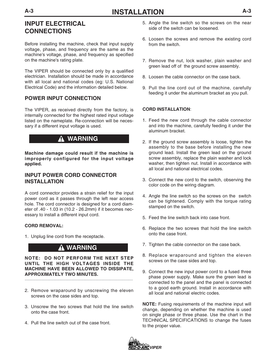 Installation, Input electrical connections, Warning | Lincoln Electric IM639 RED-D-ARC VIPER User Manual | Page 11 / 38