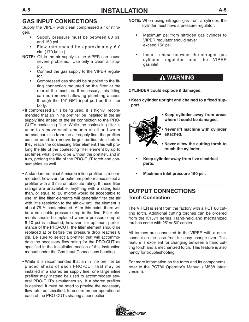 Installation, Gas input connections, Output connections | Warning | Lincoln Electric IM639 RED-D-ARC VIPER User Manual | Page 13 / 38
