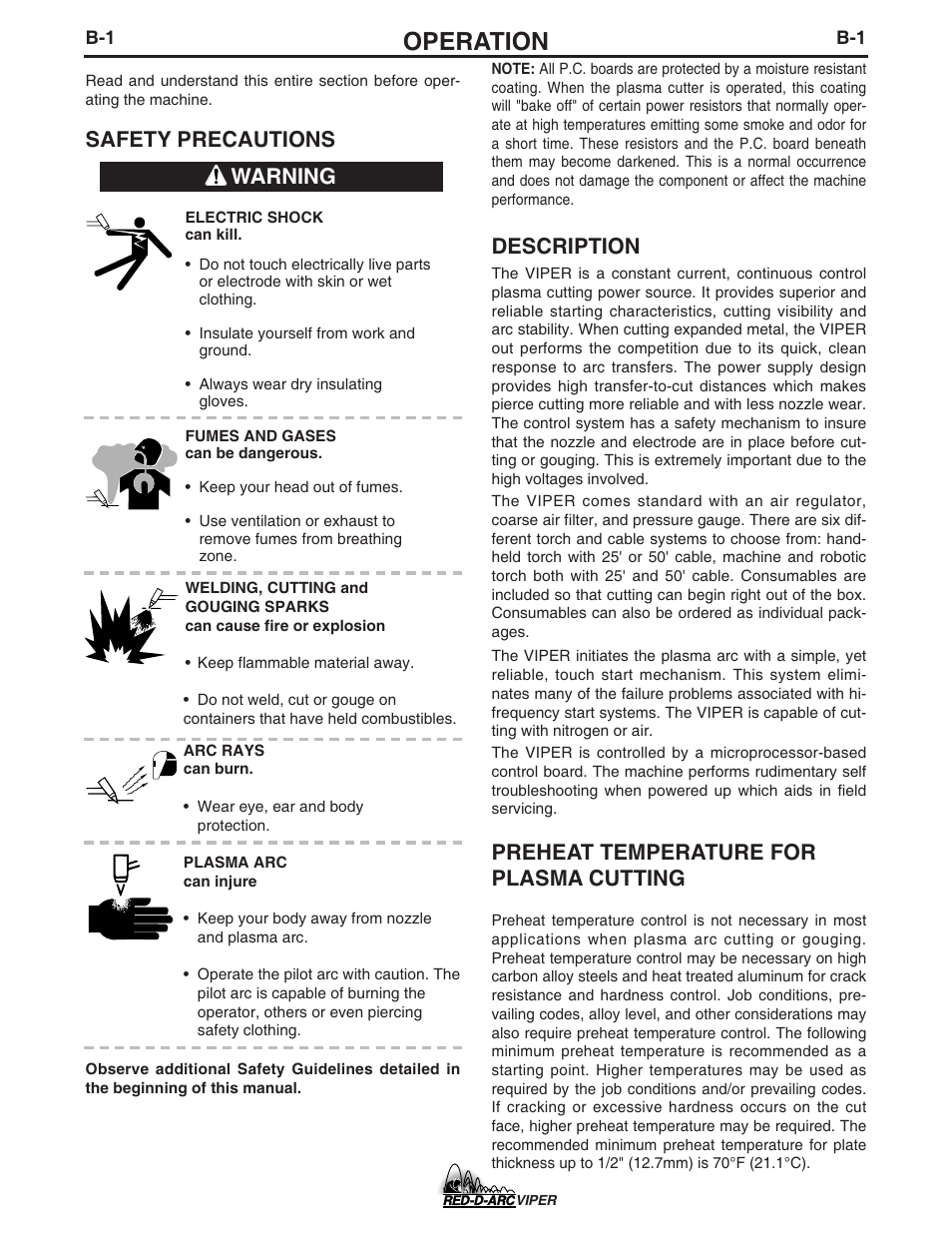 Operation, Safety precautions, Description | Preheat temperature for plasma cutting, Warning | Lincoln Electric IM639 RED-D-ARC VIPER User Manual | Page 14 / 38