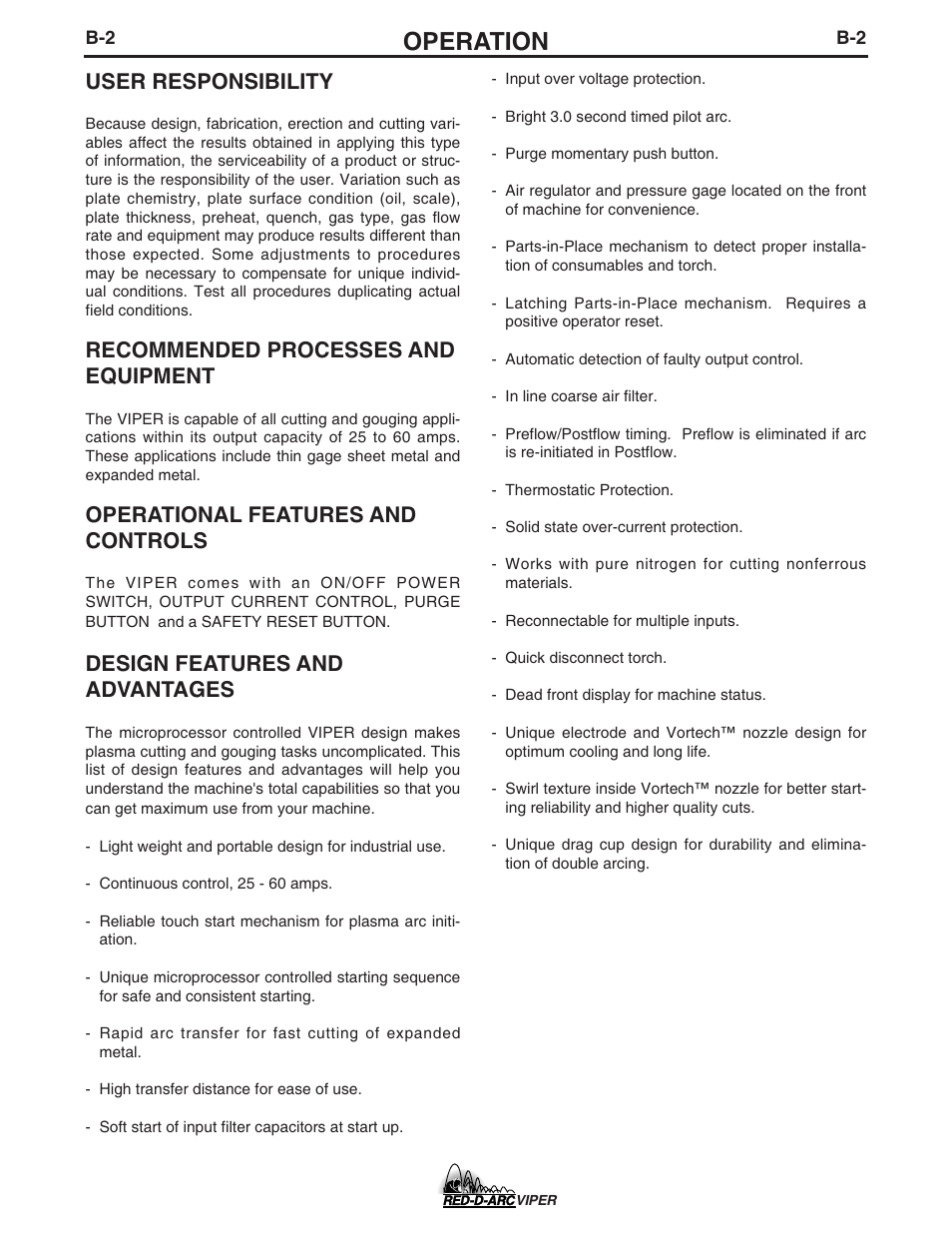 Operation, User responsibility, Recommended processes and equipment | Operational features and controls, Design features and advantages | Lincoln Electric IM639 RED-D-ARC VIPER User Manual | Page 15 / 38