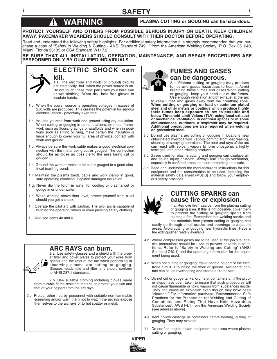 Warning, Safety, Cutting sparks can cause fire or explosion | Arc rays can burn, Electric shock can kill, Fumes and gases can be dangerous | Lincoln Electric IM639 RED-D-ARC VIPER User Manual | Page 2 / 38