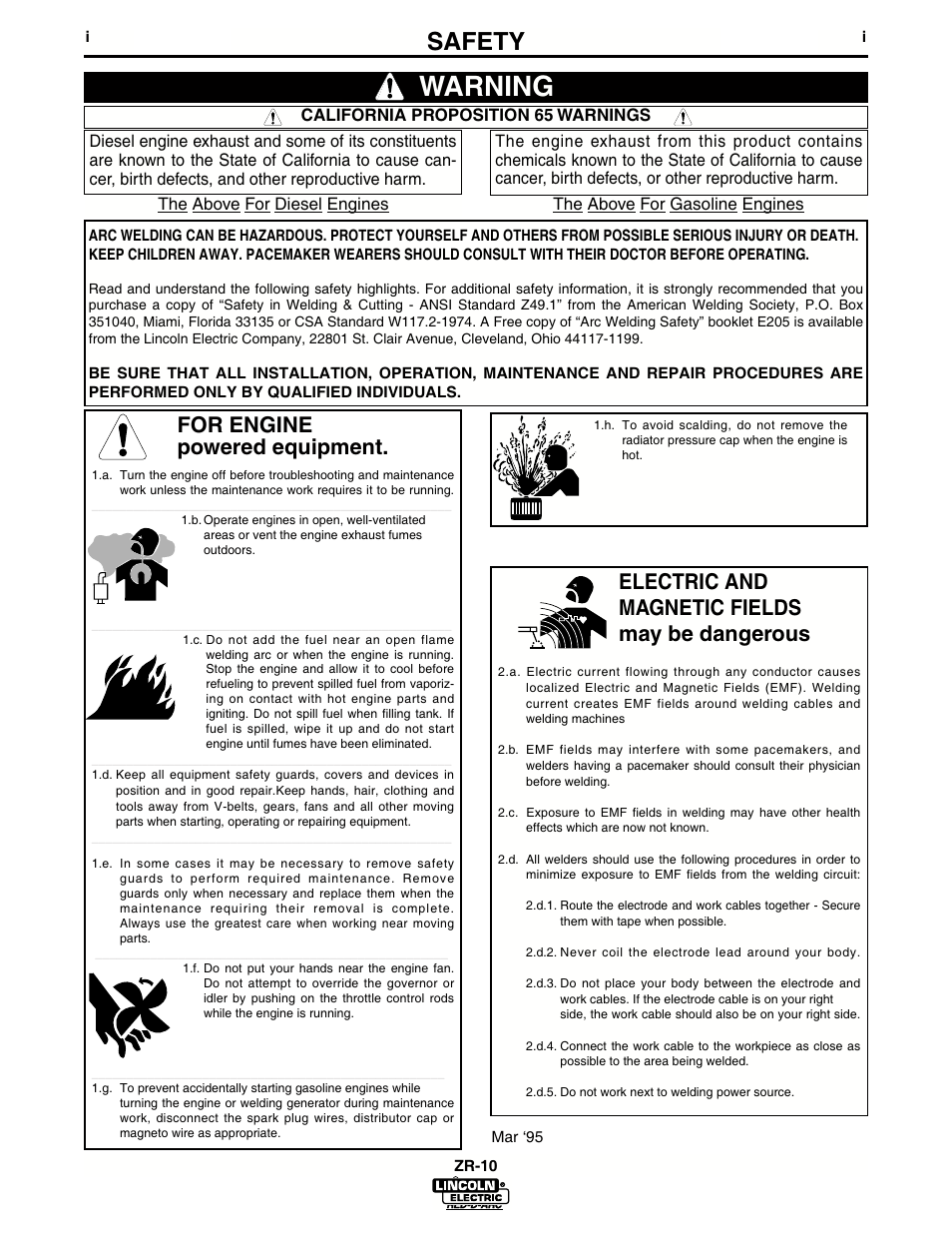 Warning, Safety, For engine powered equipment | Electric and magnetic fields may be dangerous | Lincoln Electric IM684 RED-D-ARC ZR-10 User Manual | Page 2 / 33