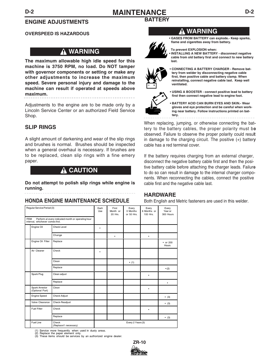 Maintenance, Warning, Warning caution caution caution caution | D-2 engine adjustments, Slip rings, Honda engine maintenance schedule battery, Hardware, Zr-10 | Lincoln Electric IM684 RED-D-ARC ZR-10 User Manual | Page 24 / 33