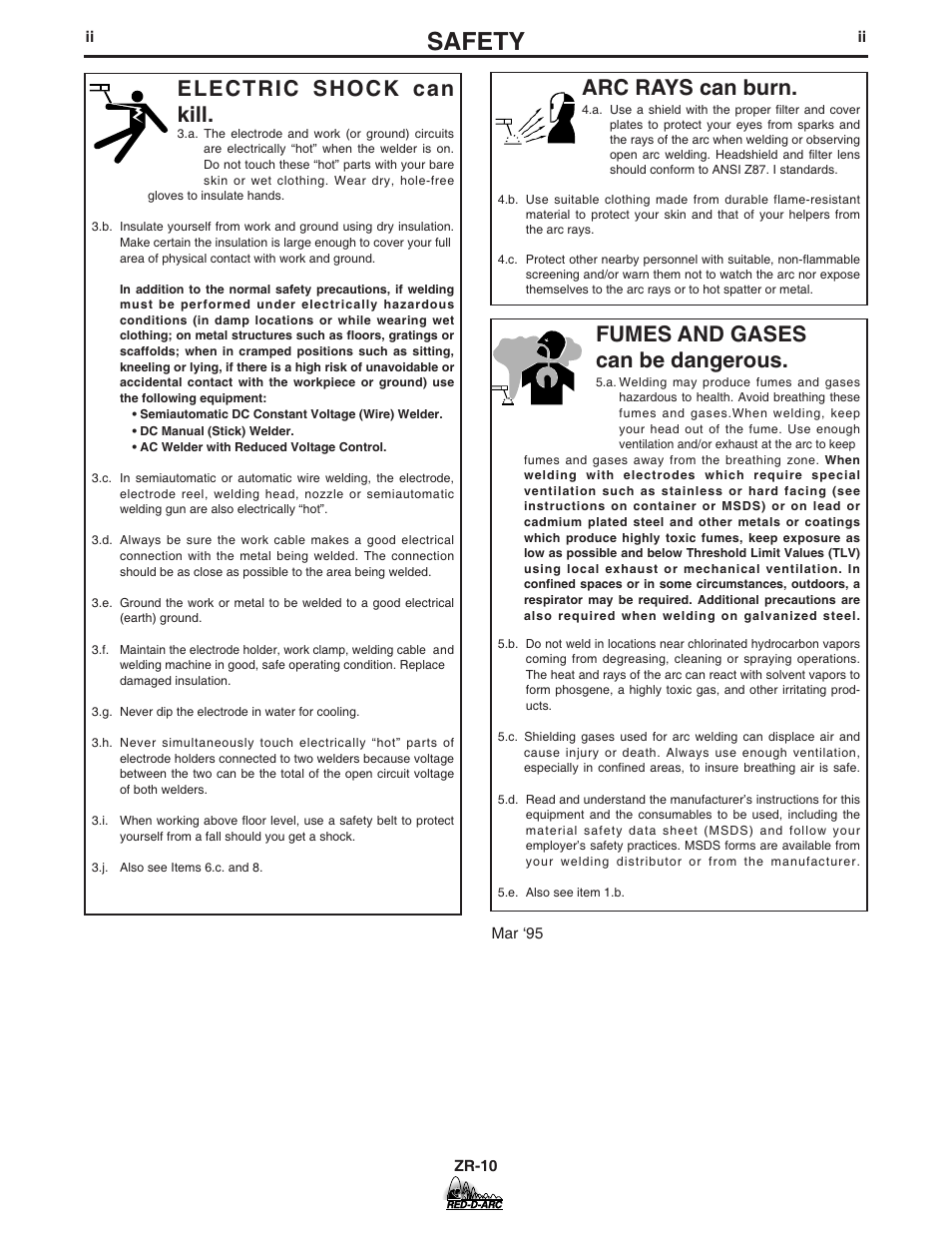 Safety, Arc rays can burn, Electric shock can kill | Fumes and gases can be dangerous | Lincoln Electric IM754 RED-D-ARC ZR-10 User Manual | Page 3 / 34