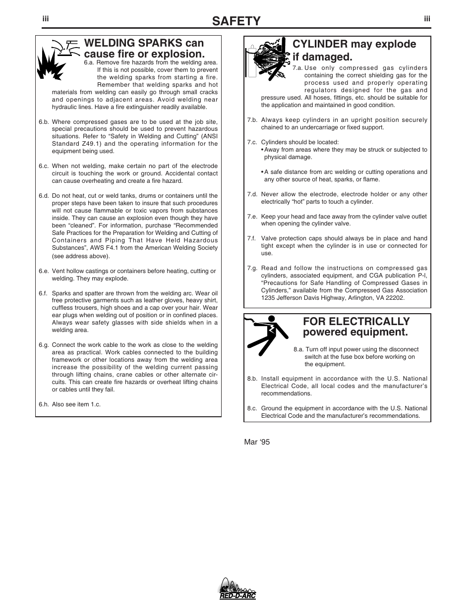 Safety, For electrically powered equipment, Cylinder may explode if damaged | Welding sparks can cause fire or explosion | Lincoln Electric IM672 RED-D-ARC ZR-8 User Manual | Page 4 / 37