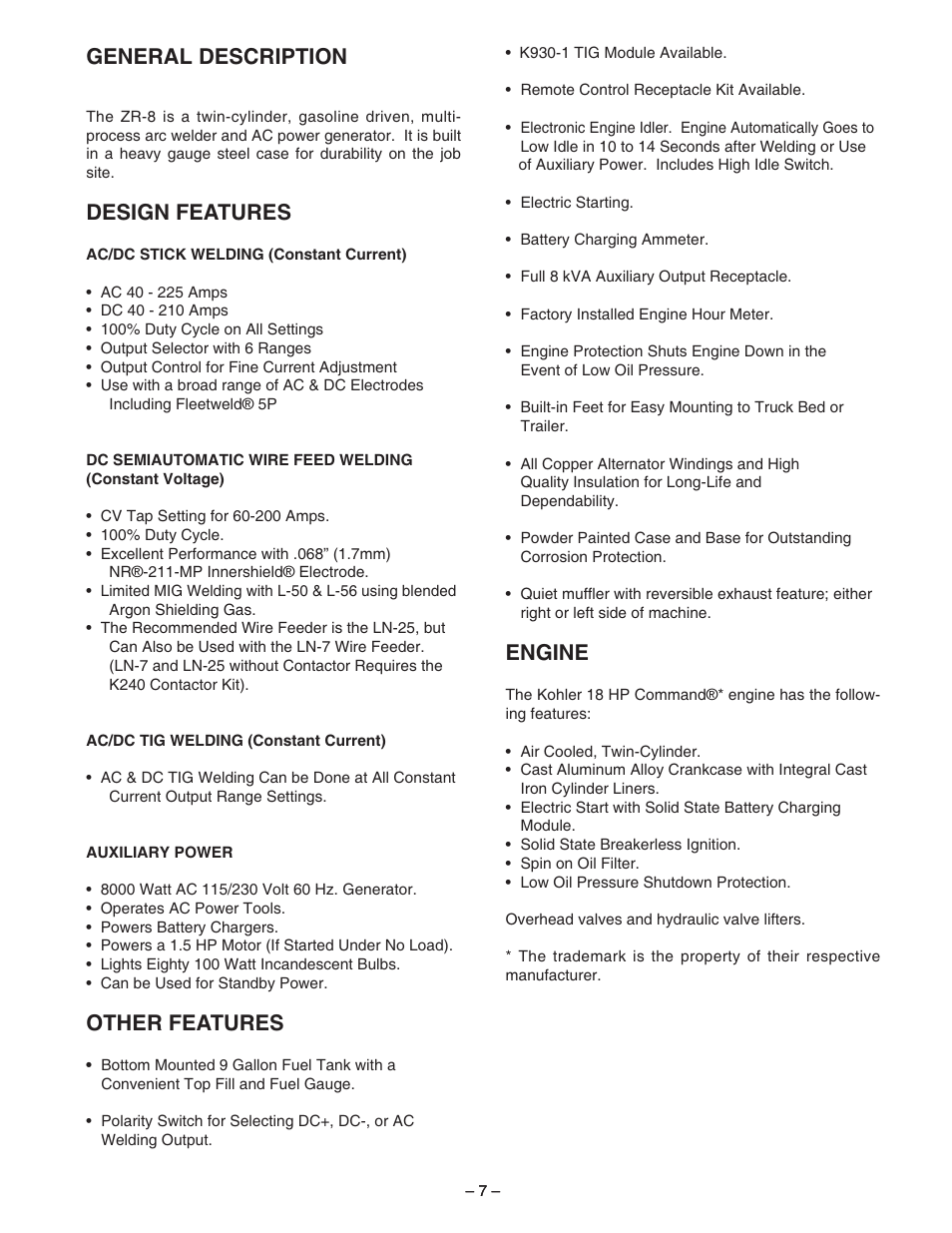 General description, Design features, Other features | Engine | Lincoln Electric IM672 RED-D-ARC ZR-8 User Manual | Page 8 / 37