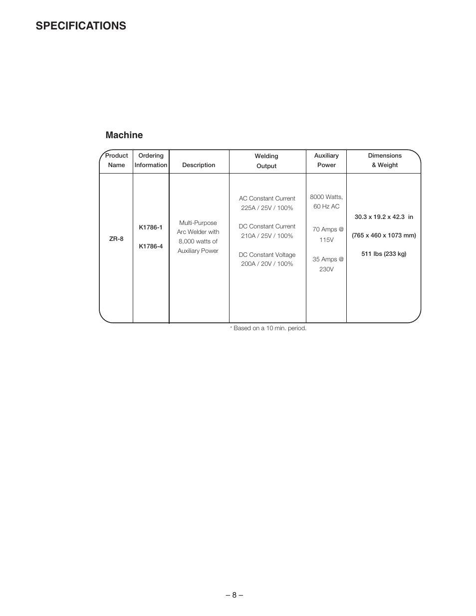 Specifications, Machine | Lincoln Electric IM672 RED-D-ARC ZR-8 User Manual | Page 9 / 37